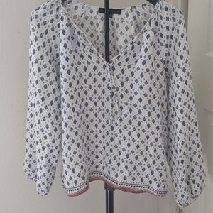 Sanctuary Boho Navy White Print Tie Neck Blouse Size Medium Flowy Peasant Top